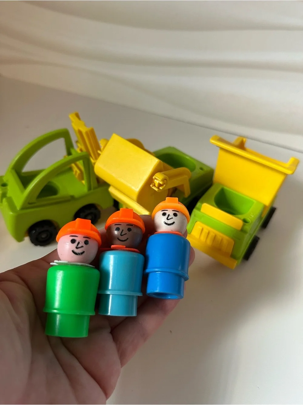 Vintage Fisher-Price Little People Construction Forklift Dump Truck skid Lot
